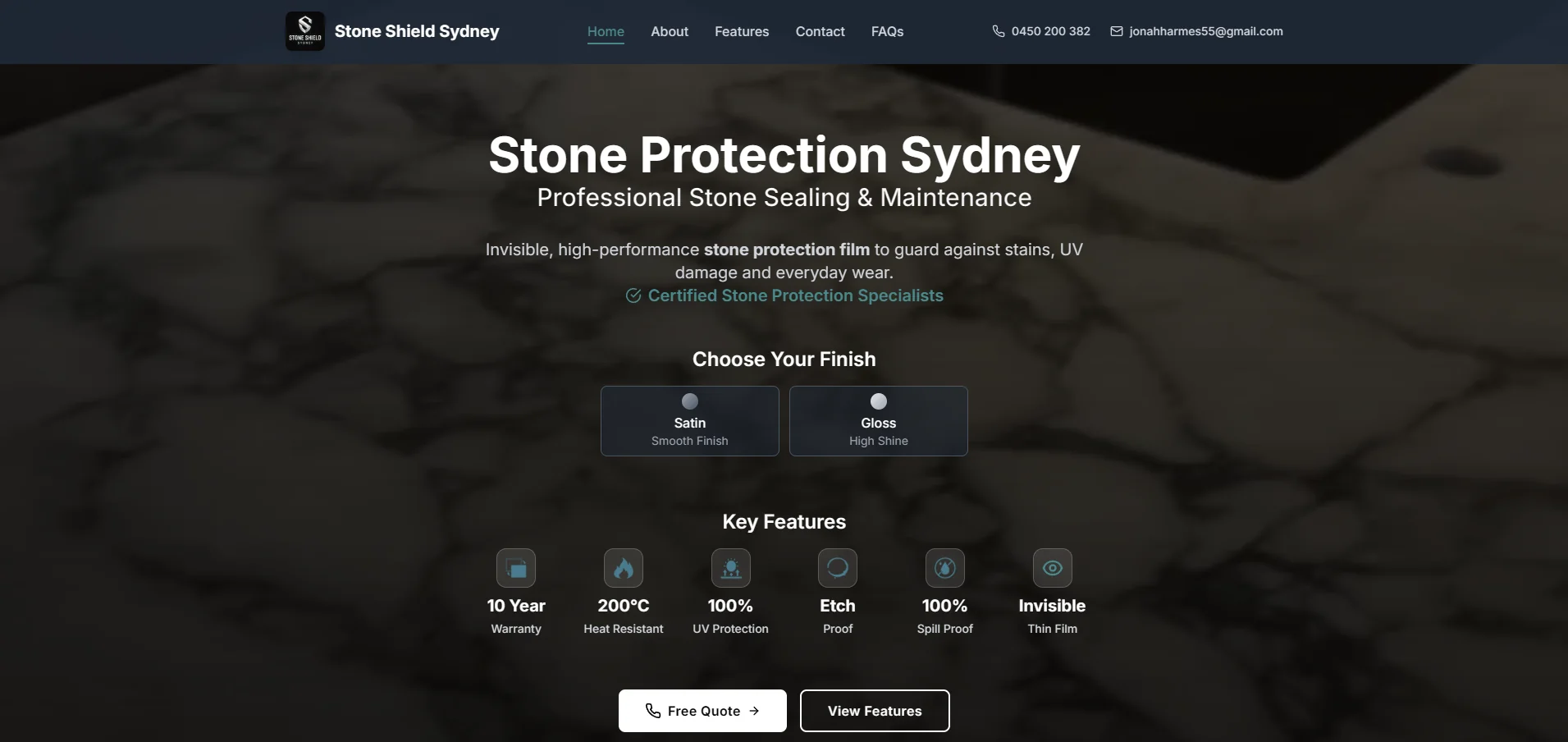 Stone Shield Sydney website with dark stone imagery and a finish selector